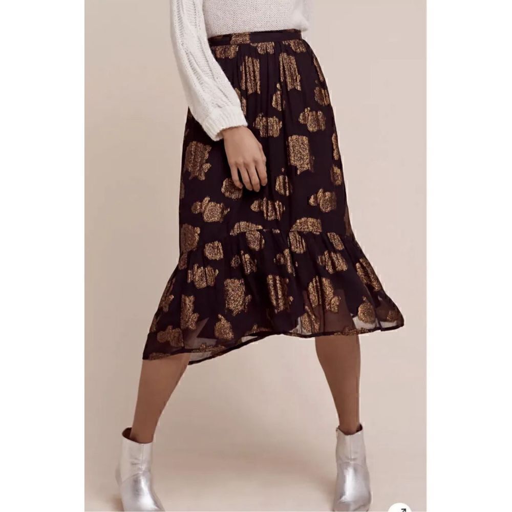 Anthropologie Floreat Oralie Metallic Ruffle Hem Midi Skirt Black Brown Size 4